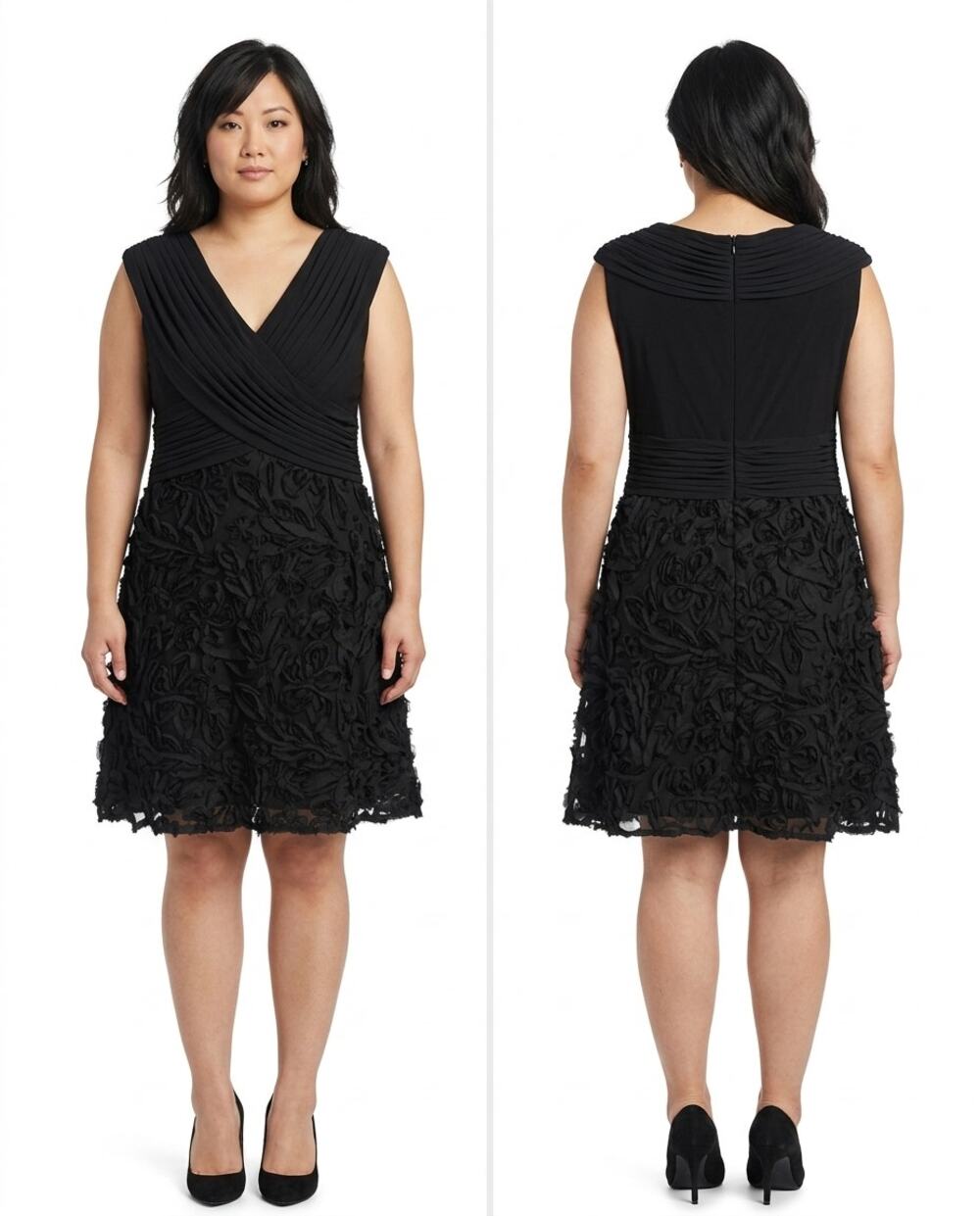 Patra Black Pleated Rosette Ruffle Sleeveless A-Line Dress Women Size 16P